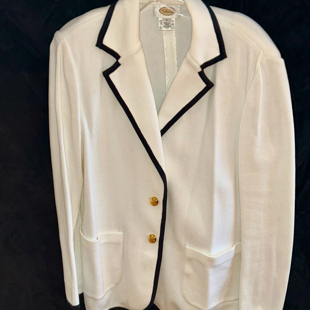 Talbots Womens Knit Dress Jacket Blazer Ivory w/Black Trim